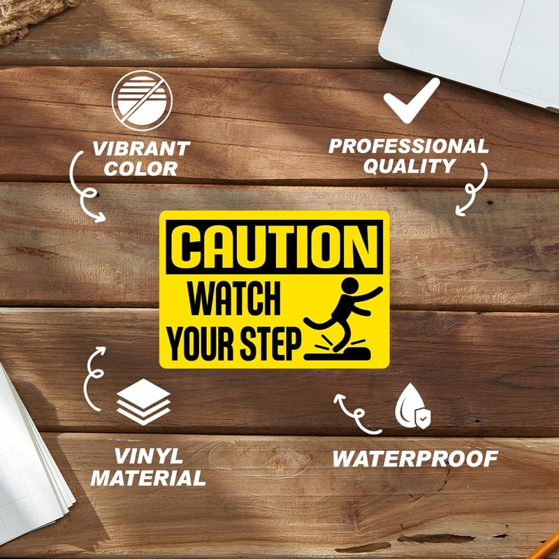 RABOWA Caution Watch Your Step Warning Signs Stickers Pack 8Pcs Durable Vinyl Safety Decals for Workplace Warehouse Stairways Industrial Areas Indoor Outdoor Use Water - Image 3